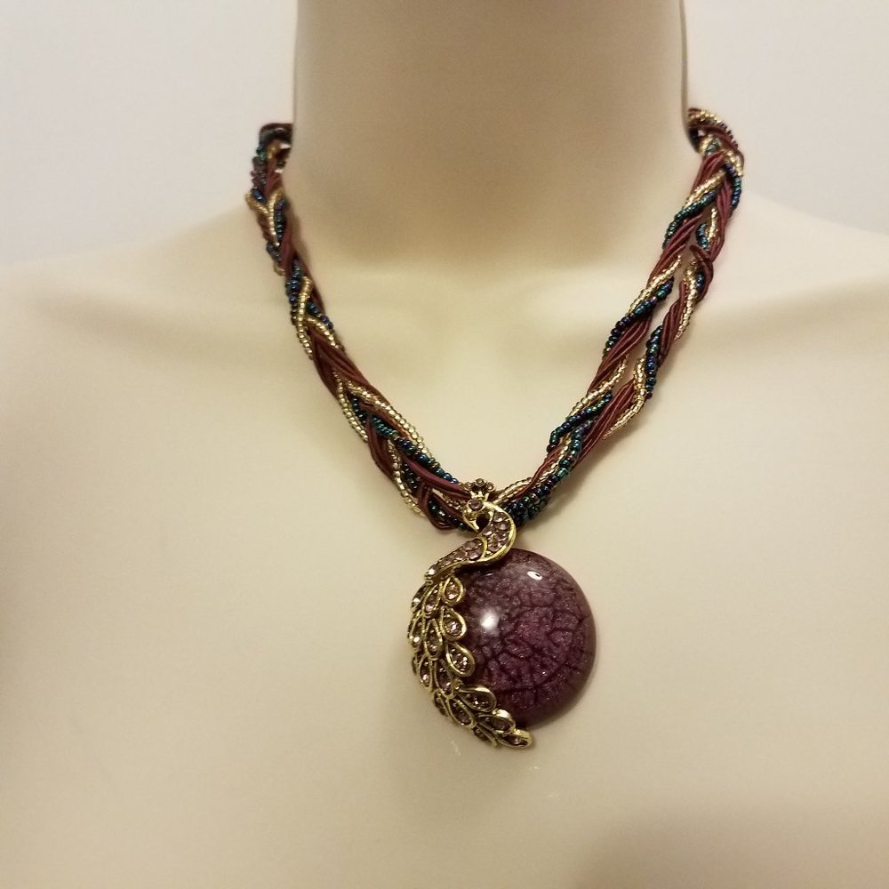 Purple rhinestock peacock necklace